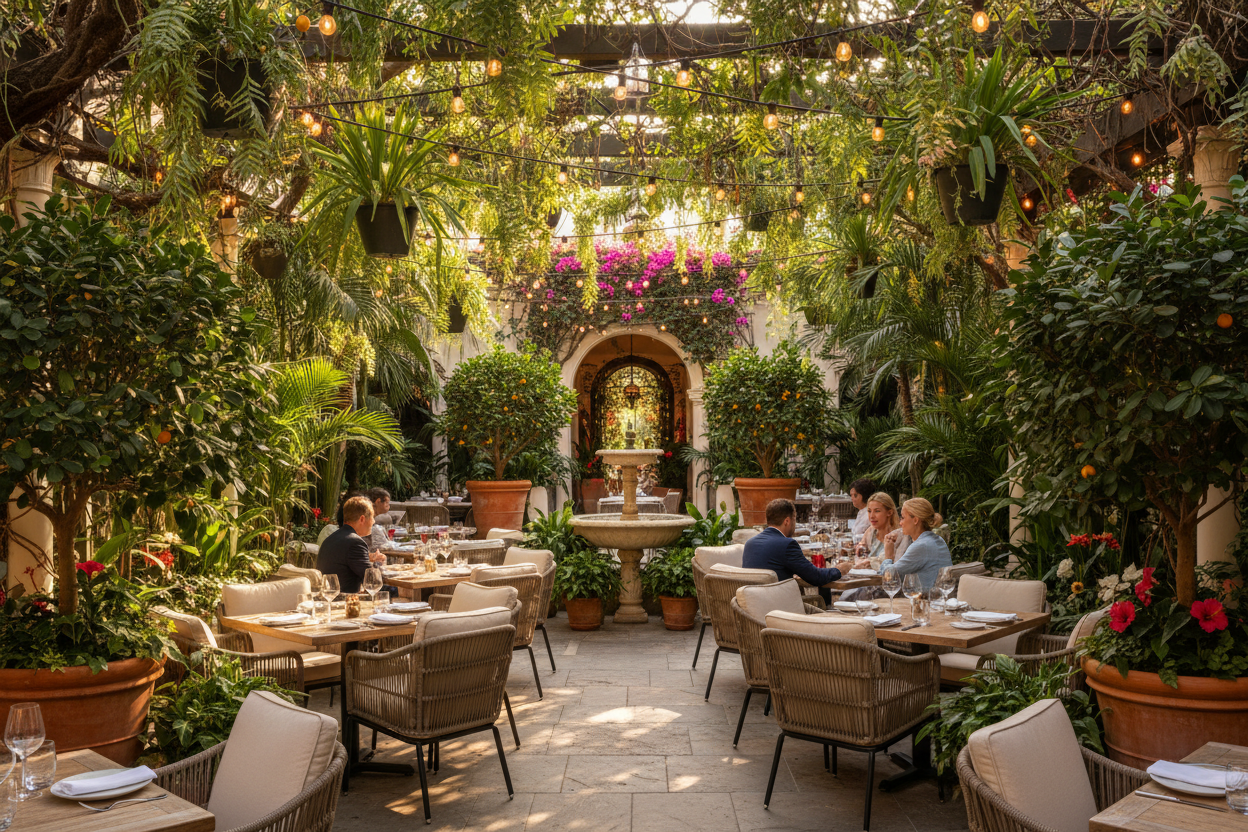 an outdoors restaurant with vegetation+